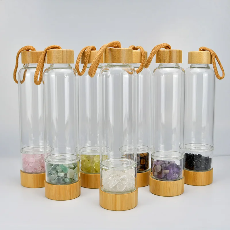 High Quality 17OZ Natural Crystal Infused Glass drink Water Bottle Bamboo Lid Gemstone Water Bottle With Crystal Inside