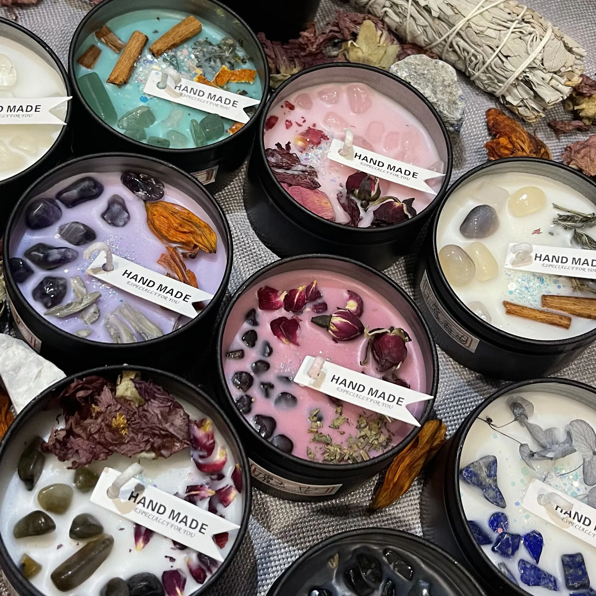 Low MOQ handmade scented soy wax tarot spiritual healing tin unique crystal candles with crystals