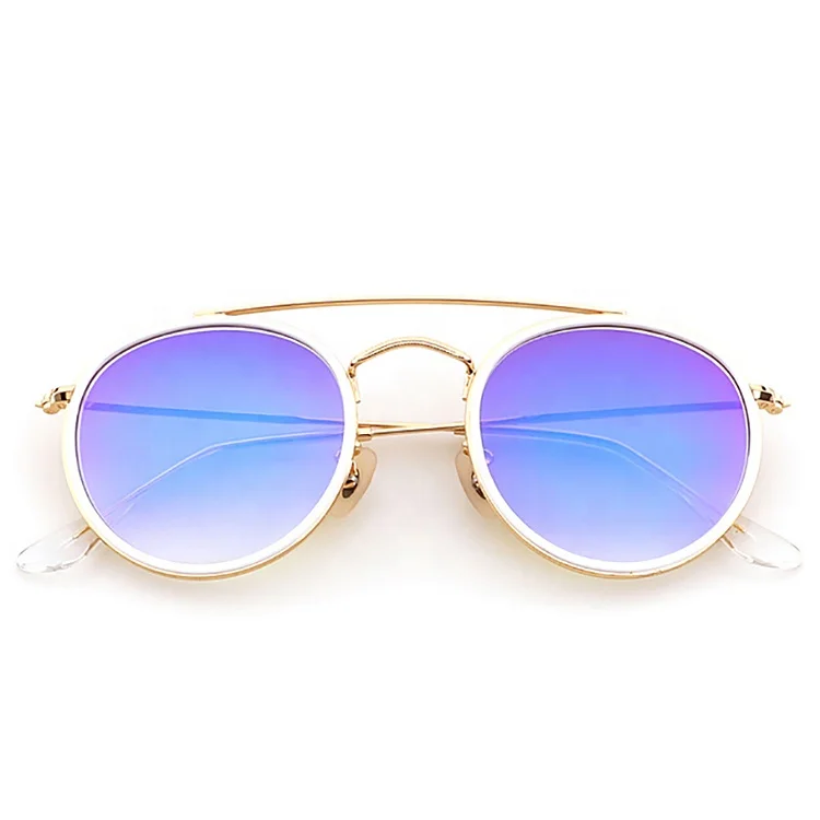 Brand Design Glass Lens Mirror Sun Glass New Double Bridge Round Sunglasses