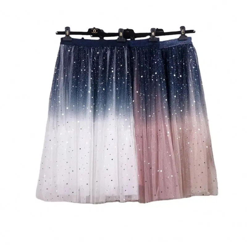New Women Gradient Mesh Tutu Skirt Ladies Elegant Sequin Glitter Layered Tulle Midi A-Line Prom Party star sequin mesh Skirts