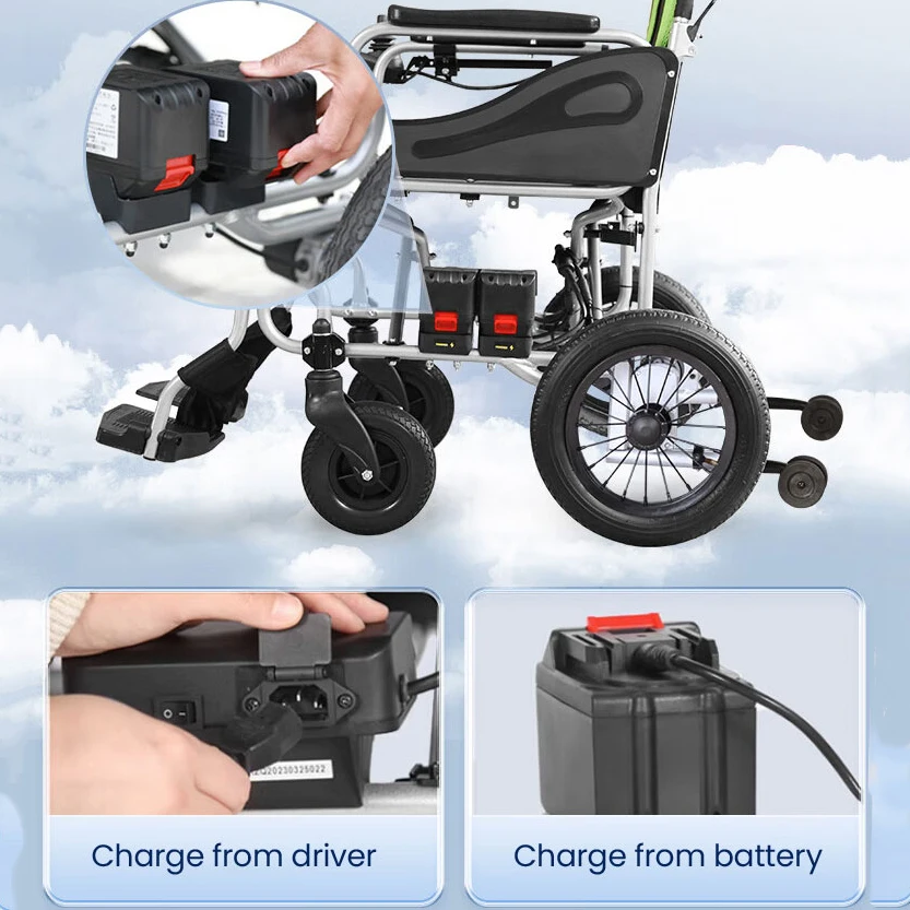 KSM-505 Light weight folding electric wheelchair portable aluminum power chairs dual controller wheelchair 12.5kgs