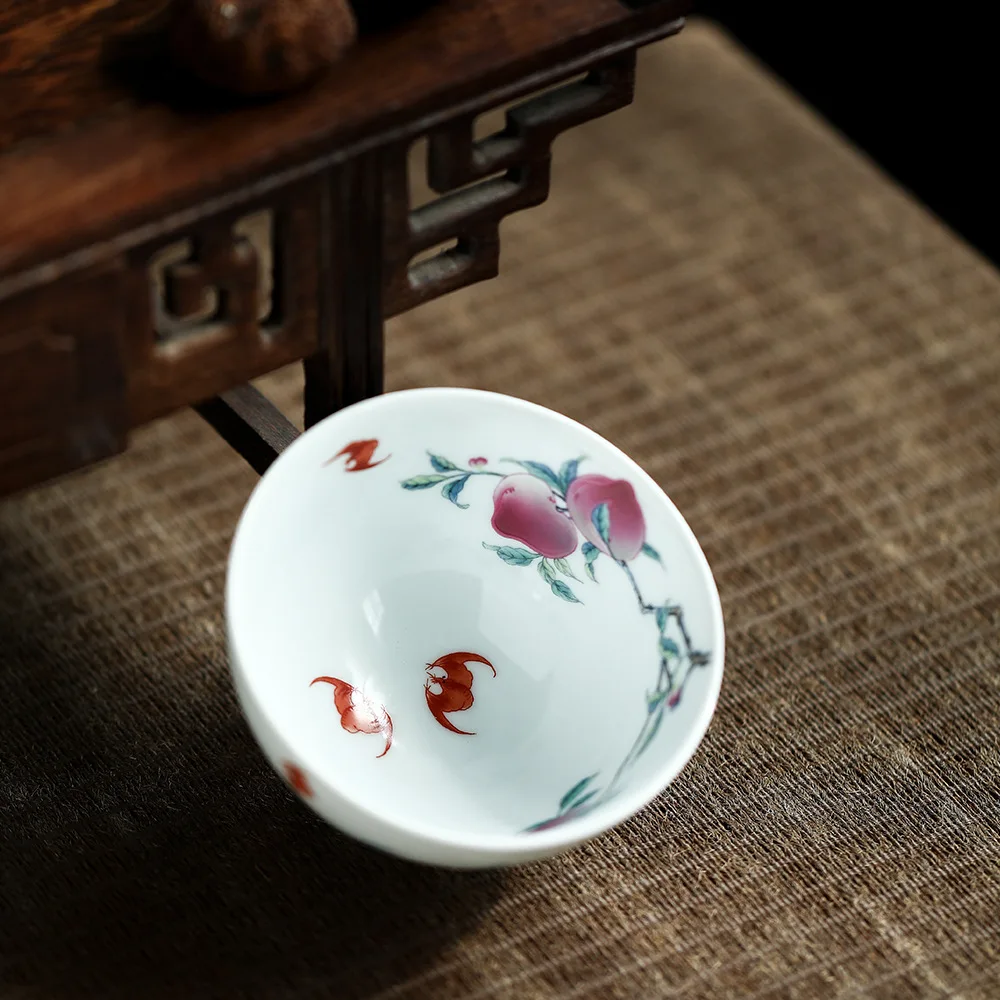 Elegant Personage Exclusive Red Oven Baked Flower Bucket Color Craft Ceramic Inside And Outside Peach Pattern Kung Fu Tea Cup