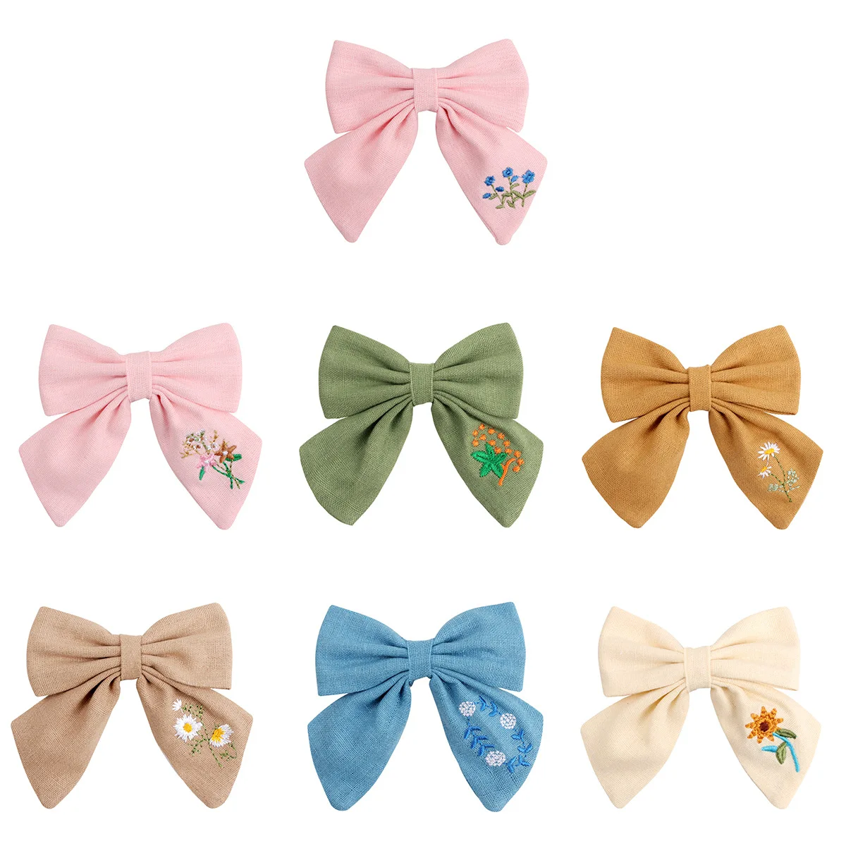 hair bow embroidery hair bow linen hair clips,linen pinwheel and sailor bows on alligator clips