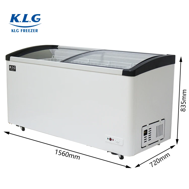 SD-158Y commercial Vertical showcase curved glass door ice cream chest freezer with lamp box and stickers