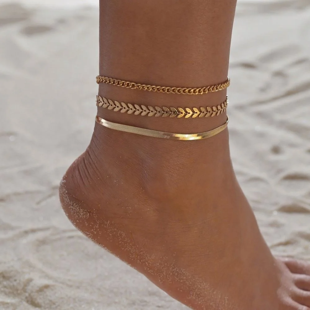3Pcs/Set Vintage Boho Anklets For Women Gold Plated  Snake Chain  Charm Ankle Bracelet