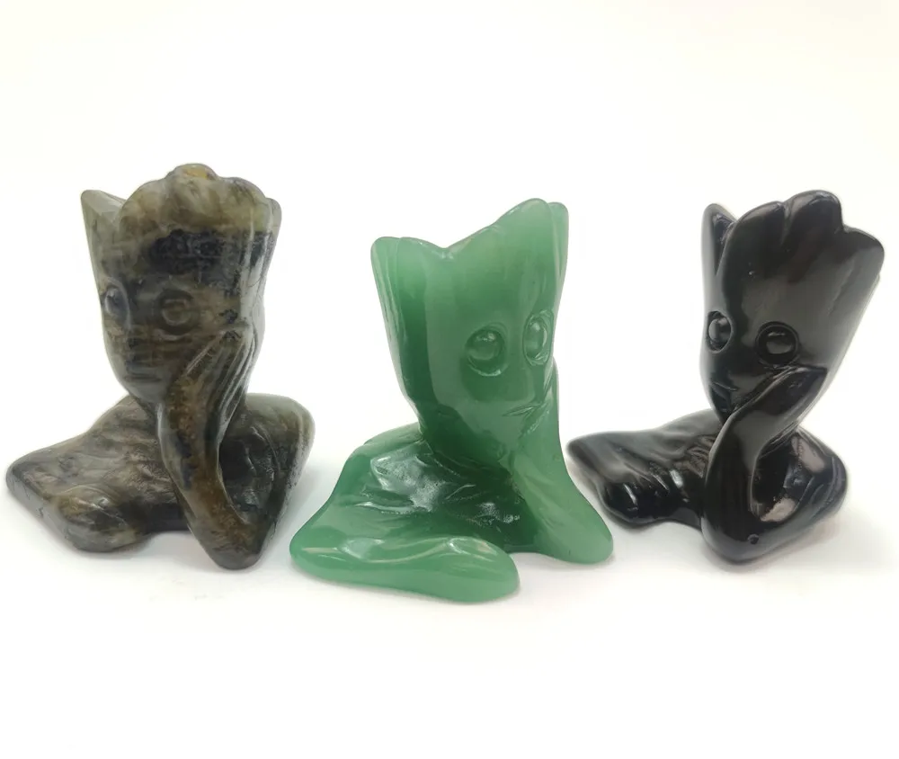 Wholesale High Quality Natural Crystal Green Aventurine & Black Obsidian & Lab Groot Man Carved Handmade Caving On Sale