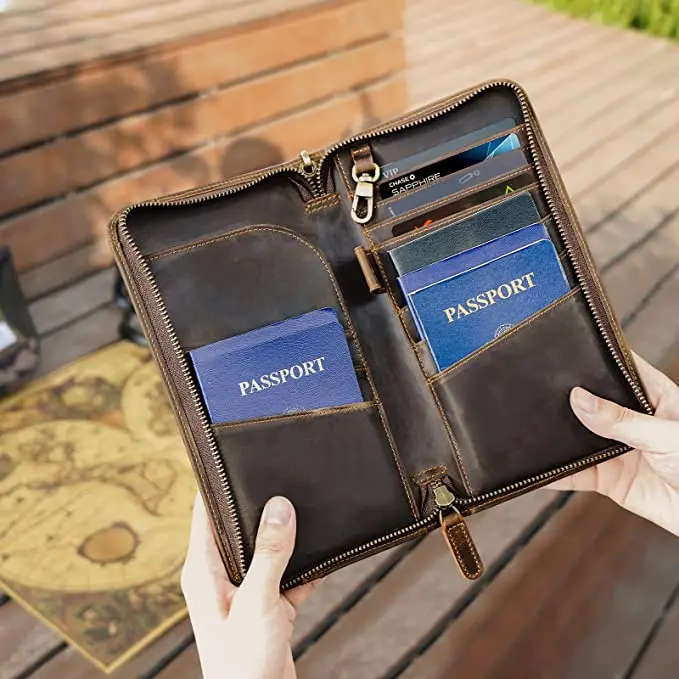 Full Grain Leather Family Travel Passport Wallet and Documents Organizer RFID Blocking Case Holder