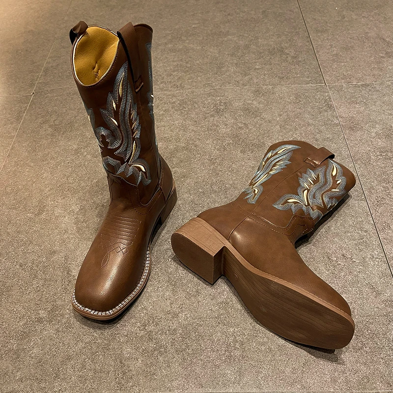 Vintage embroidered Doc Martens for women Summer brown heel boots Net Red Knight Ankle Boots for women Western Cowboy boots