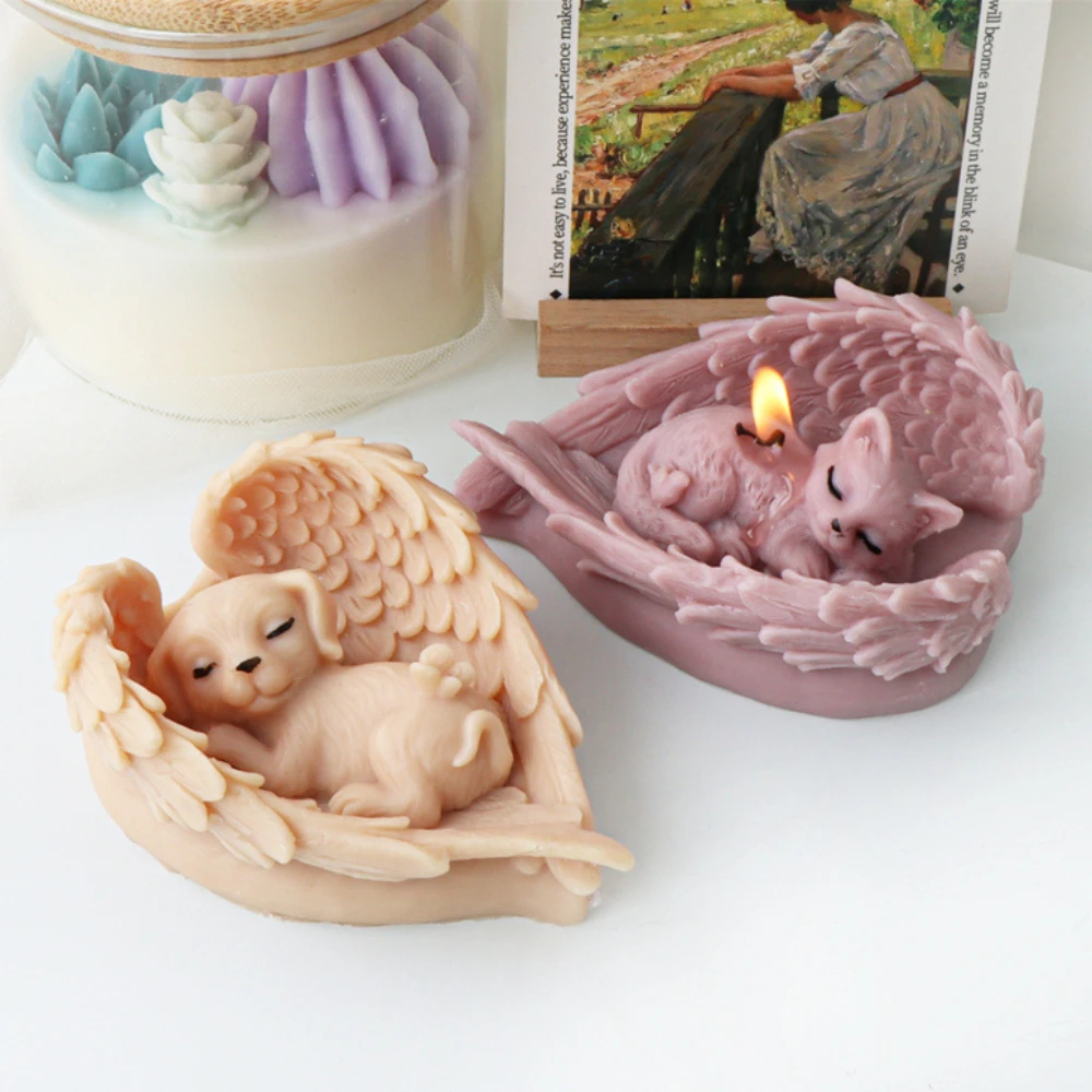 DIY Wholesale 3D Angel Dog Animal Candle Moulds Sleep Puppy moldes de silicona para velas Wings Kitten PlasterCat Candle Molds