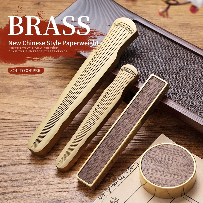 Chinese Guzheng Style Luxury Brass Paperweight Round Strip Copper Clad Wood Paperweight Metal For Calligraphy