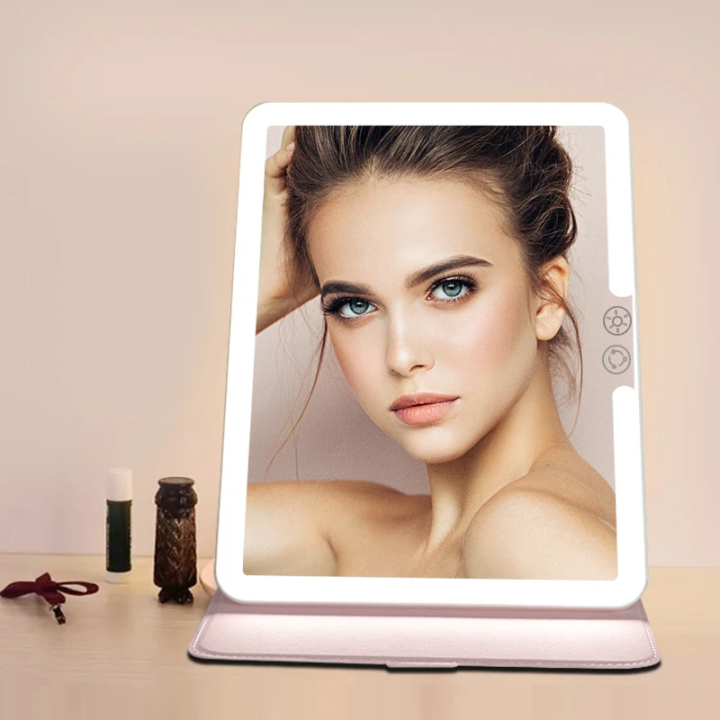 Wholesale ipad size foldable PU leather cover large makeup desktop vanity mirror with led light