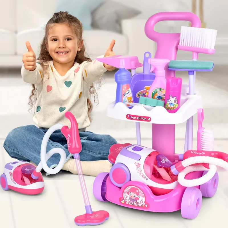 2024 educational toys simulation vacuum cleaning trolley toy cart housekeeping cleaning set toy for kids