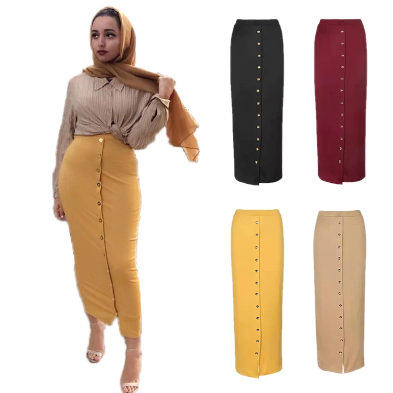 Fashion Autumn Winter High Waist Muslim Skirts Buttons Bodycon Sheath Long Skirt Women Solid Femme Pencil Skirts