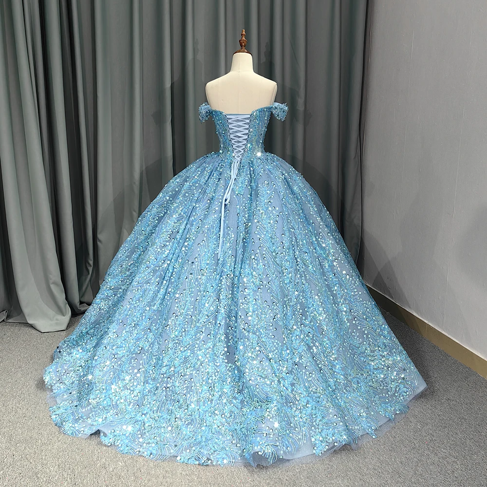 Sky Blue Sparkly Sweetheart Quinceanera Dresses Formal Luxury Party Beading Lace Sweet 15 Dress Graduation Ball Gwon 6555-2