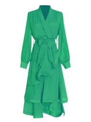 TWOTWINSTYLE Ruffle Dress For Women Lace Up High Waist Asymmetrical Midi Dresses Female Clothes