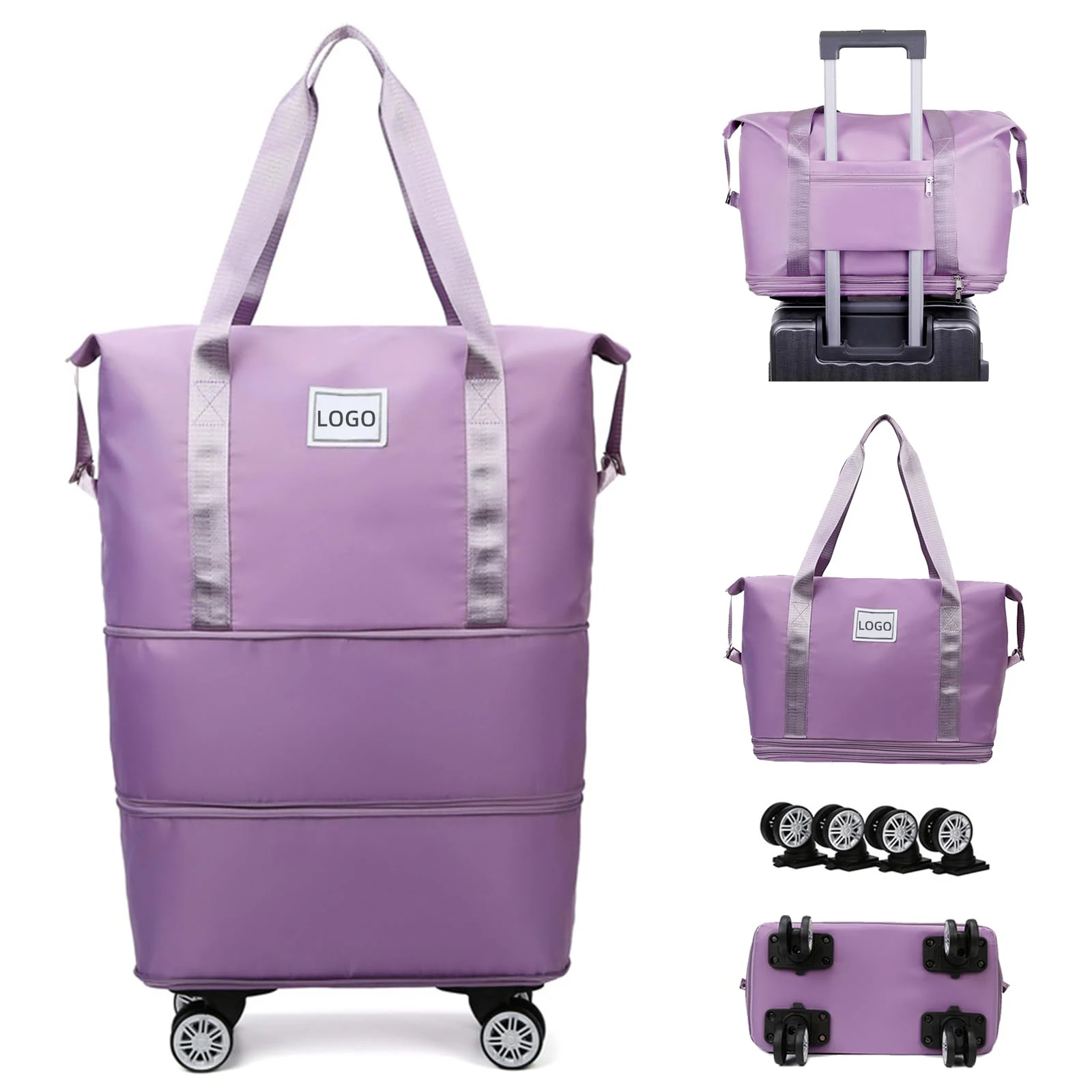Custom Waterproof women foldable duffle bag Luggage Weekender Expandable sports Gym Travel Fitness Bag with wheels trolley