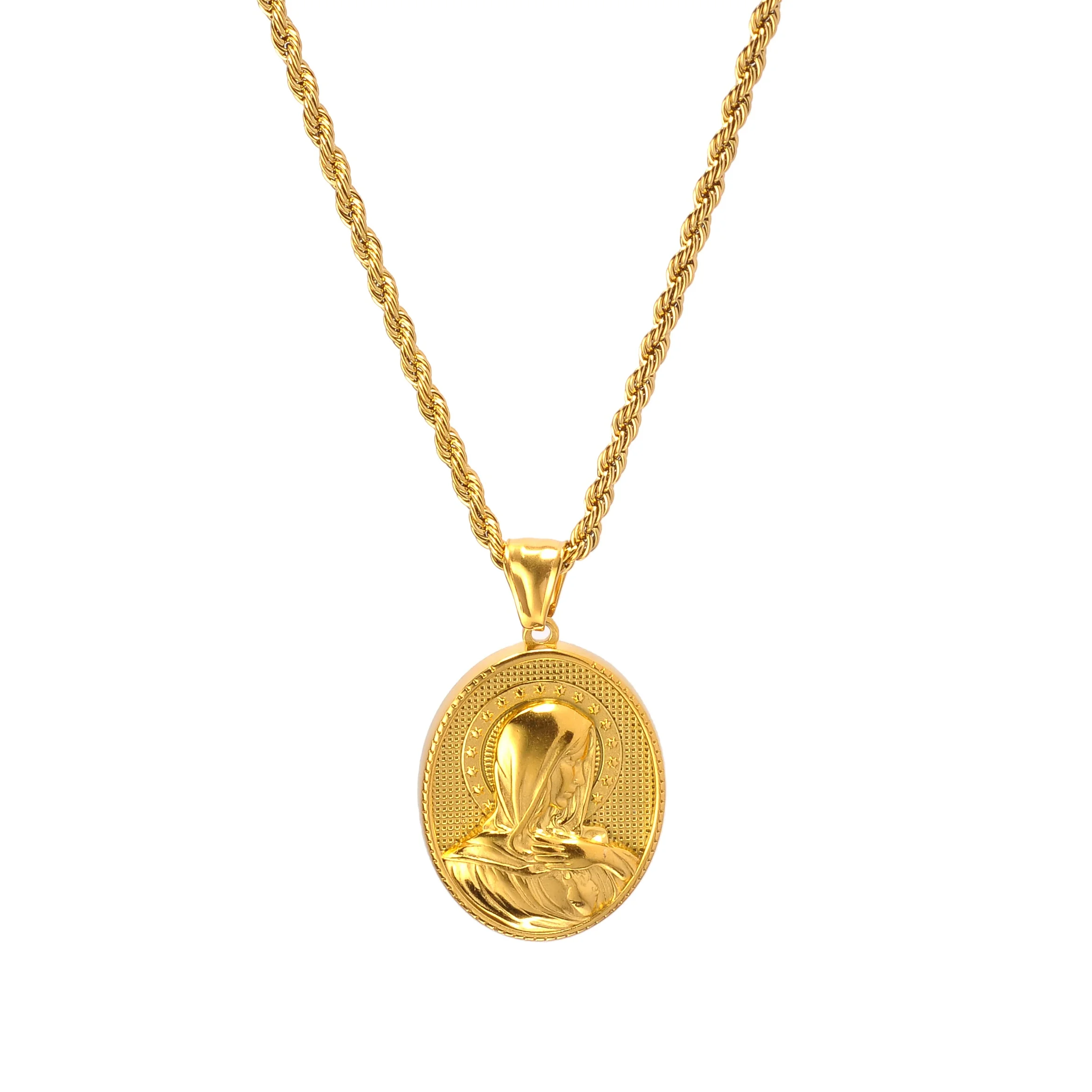 Jewelry Greek Amulet Medallion 18K Gold Stainless Steel Animal Sword Wolf Lion Compass Jesus Coin Charm Pendant Necklace For Men