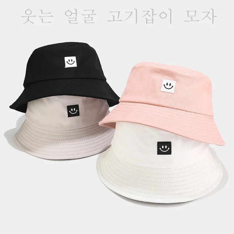 Summer Korea style simple all-match bucket hat boy and girls hip hop students casual sun protection hat with smiling face label