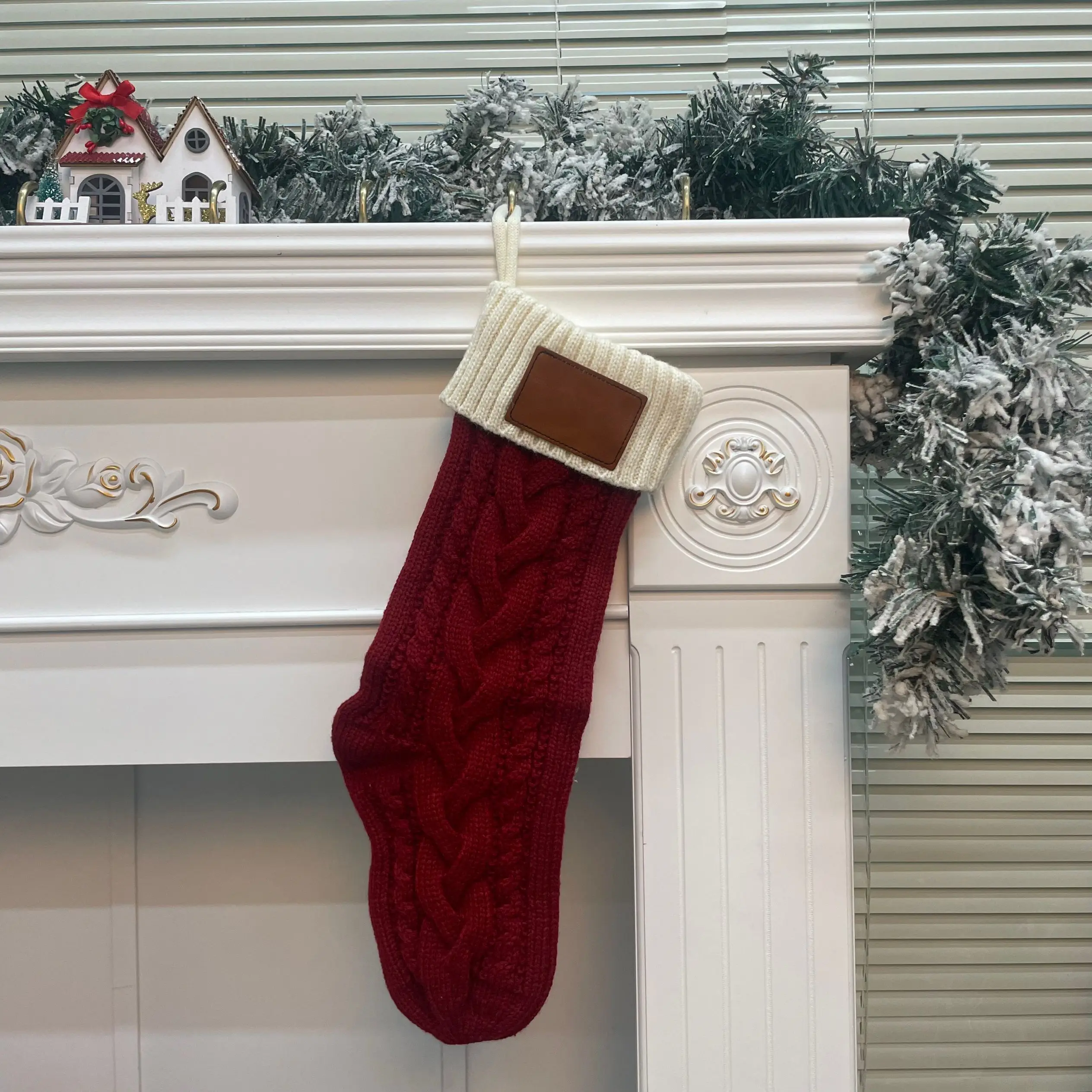 Merry Christmas Stocking Knitted Gift Bag Large Tree Pendant Decoration Leather Patch Party Supplies Luxury Christmas Stockings