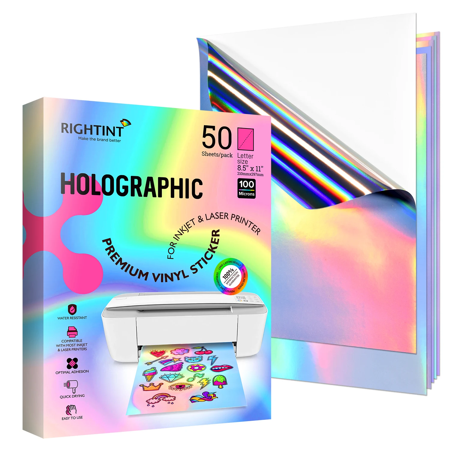 50pcs Self Adhesive Laminate paper Holographic Sticker Film for Stickers DIY Crafts Patterns 8.5x11 Inch