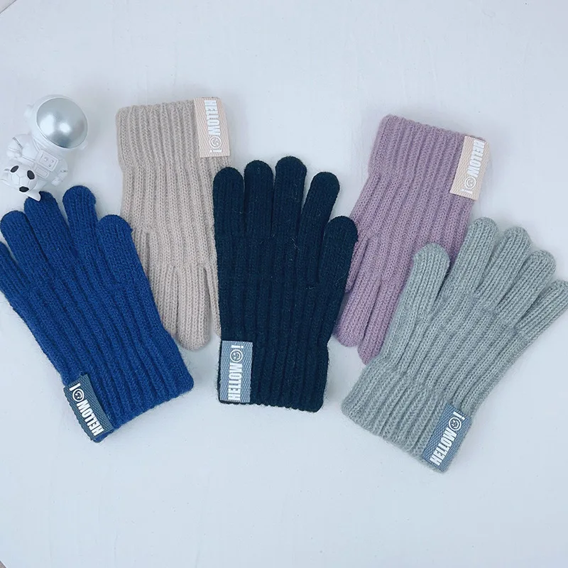 Children Acrylic Knit gloves winter warm soft knitted full-finger solid color split-finger gloves for 4-8 years old boys girls