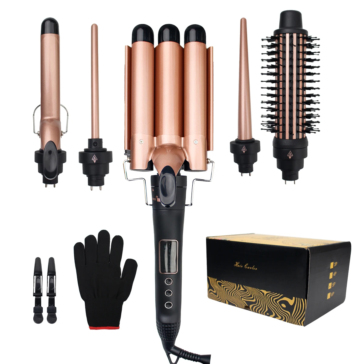 Professional Salon Hair Straightener Comb 5 In 1 Curl Waver Wand Curling Iron Triple Rotating 3 Barrel Hair Curler