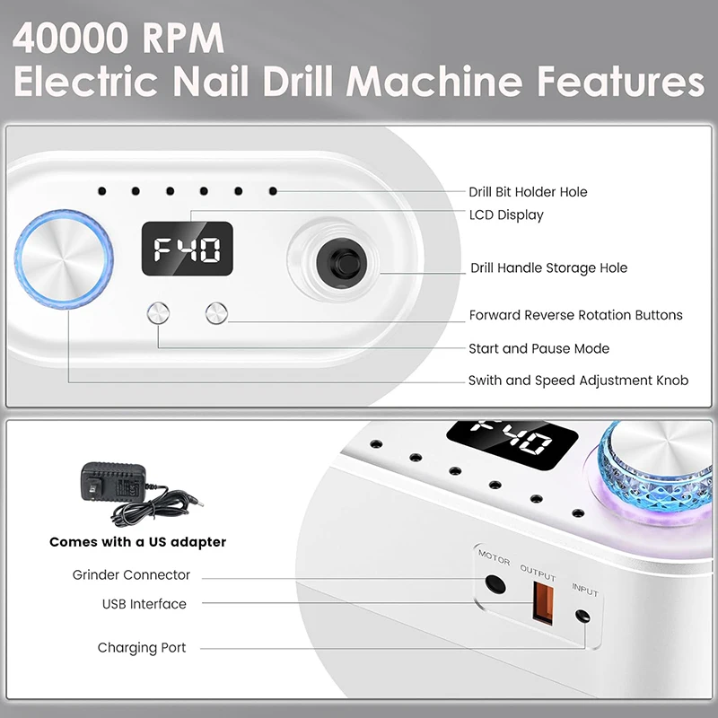 40000RPM Electric Nail Drill Machine For Manicure Professional Nail Lathe With HD LCD Display Nail Salon Tool