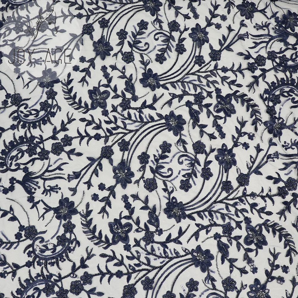 Wholesale 2021 French Women Evening Dresses Blue Mesh Embroidery Flowers Tulle Heavy Beaded Lace Fabric With Sequence Sequin