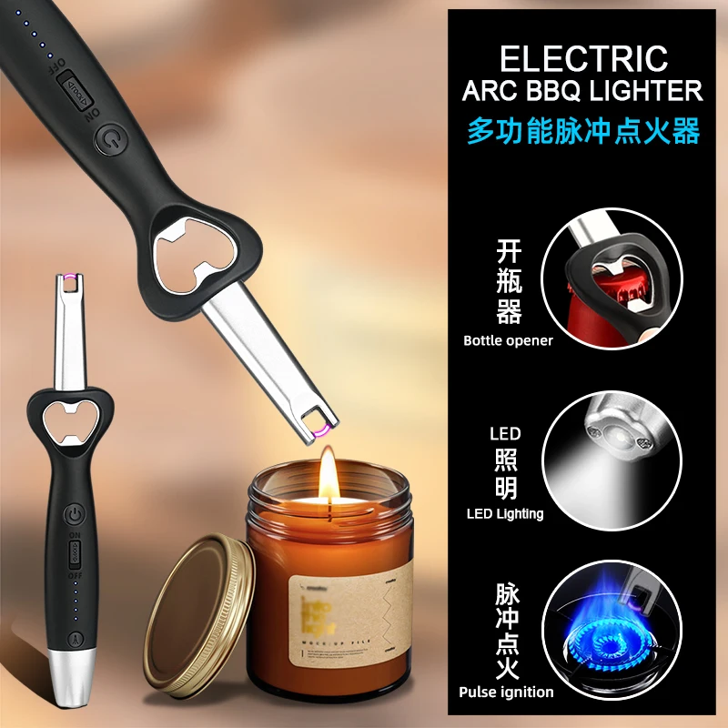 Factory Direct Sale Multi-function Arc USB Electric  Kitchen Lighter Candle Lighter and Led flashlight Lighter With Beer Opener