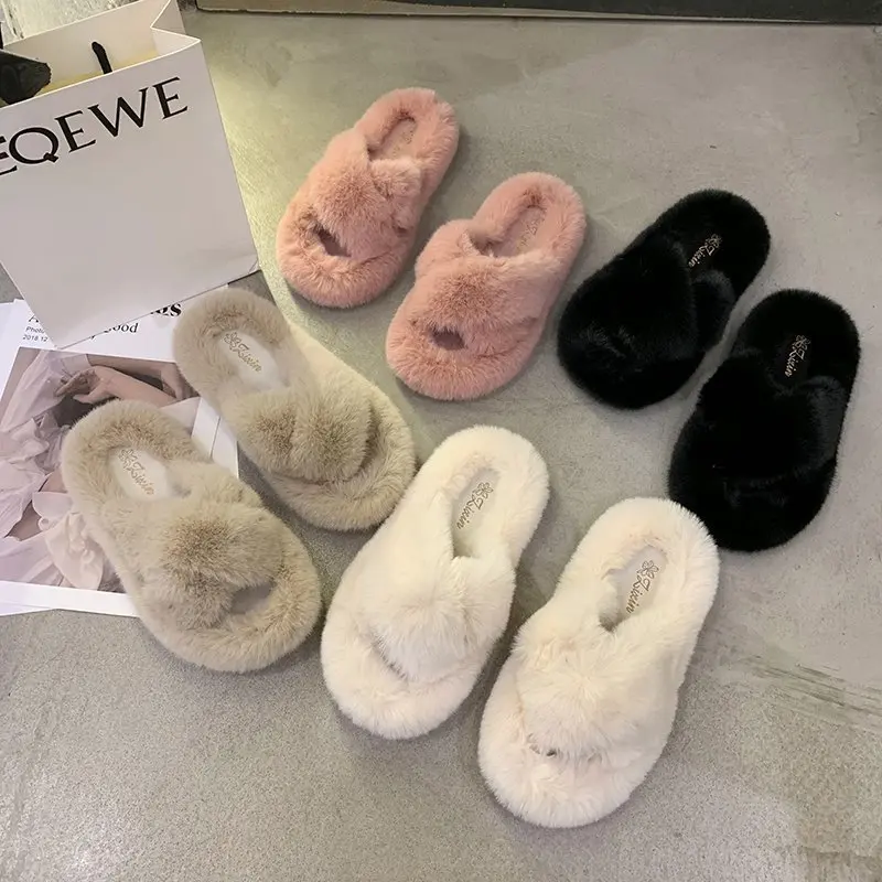 New cross woolen slippers for women wear thickened warm flat slippers in autumn and winter and lazy slippers