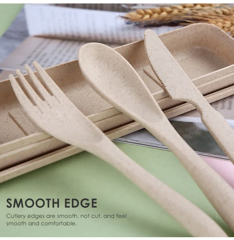 Eco-friendly Wheat Straw Spoon Fork Knife Set Cutlery Camping Plastic Travel Flatware Sets Portable