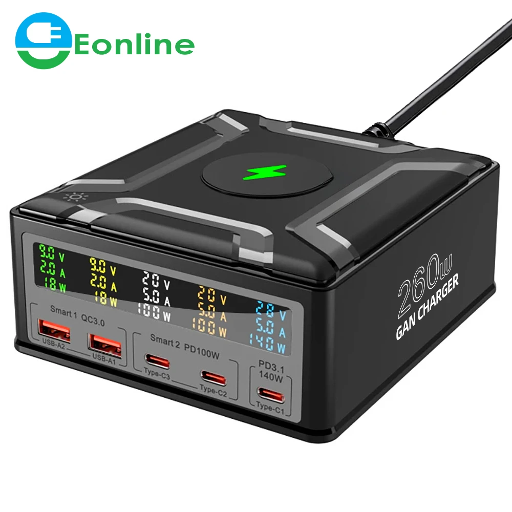 260W GaN Charger PD3.1 QC3.0 USB Type C 140W PPS Fast Charging for MacBook Pro IPhone 14 Samsung Xiaomi Laptop Wireless Charger