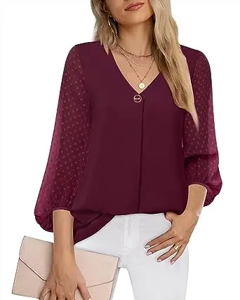 Womens Lantern 3/4 Sleeve design oem Customizable Causal Loose V Neck Chiffon Blouses Tops square neck blouse