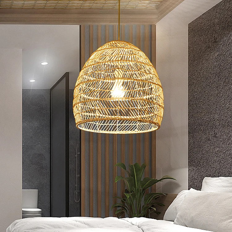 Popular Wholesale Natural Bamboo Material Handcraft Lampshade Led Lights Restaurant Handmade Rattan Ceiling Light Pendant Lamp
