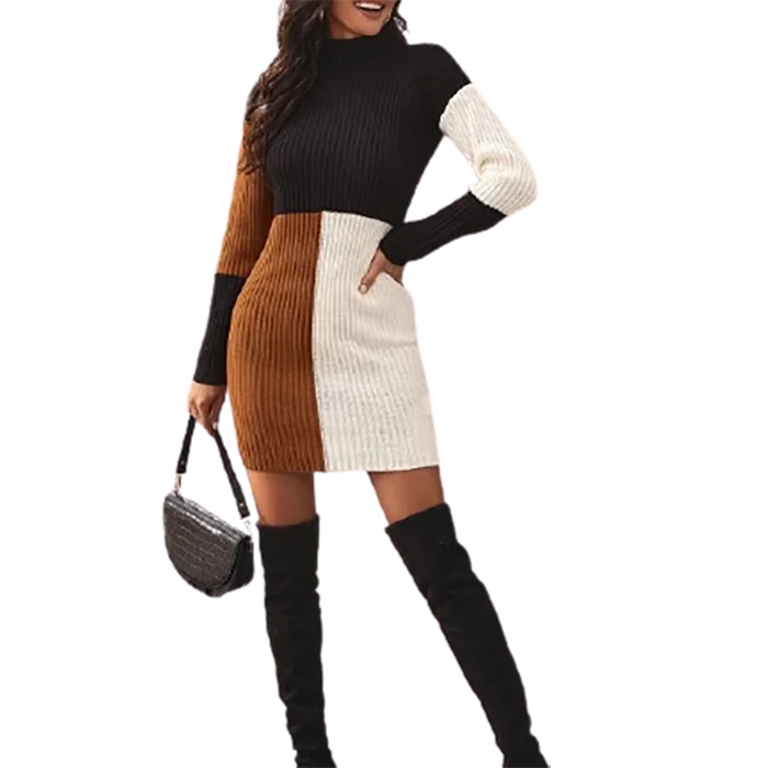 Wholesale Contrast ColorBlock Ribbed Knit Fitted Sweater Dress For Mature Ladies