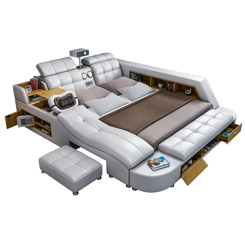 Luxury Modern Large Tatami Leather king Size Bed with Storage Massage Functions