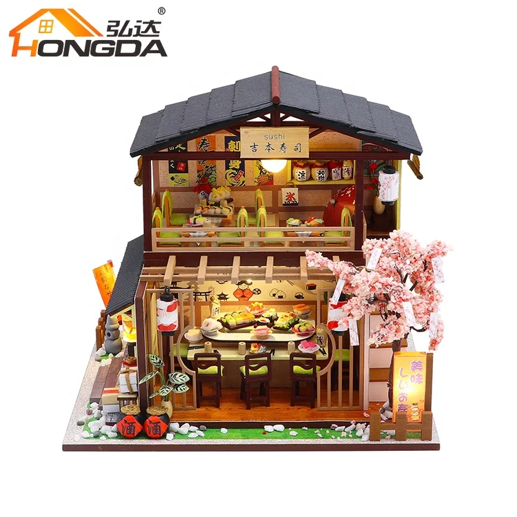 DIY Dollhouse Wooden Miniature Sushi Shop with Furniture Kit