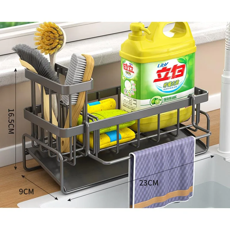 Sponge Holder for Kitchen Sink with High Brush Holder, Divider, Soap Dispenser Storage