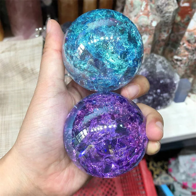 Wholesale polished aura crack glass stone ball electroplating color crystal sphere