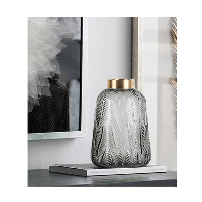 Amazon Ins creative Nordic tabletop large Glass Vase leaf pattern with gold-rimmed home Decorative Flower Glass crystal Vases