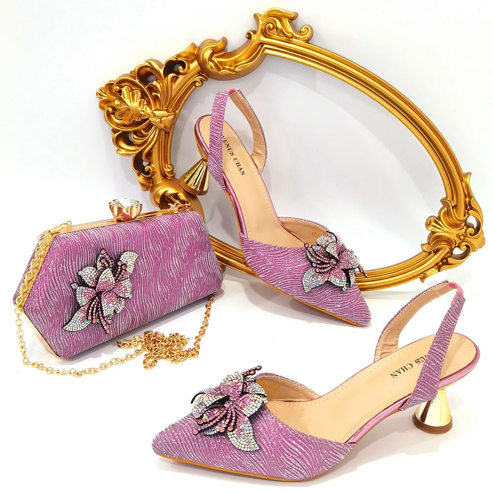 2023 New Arrive Shoe And Bag Set For African Women Square Heel Low Heel Women Italian Shoes Blue Shiny Sandals Bow Tie Slippers