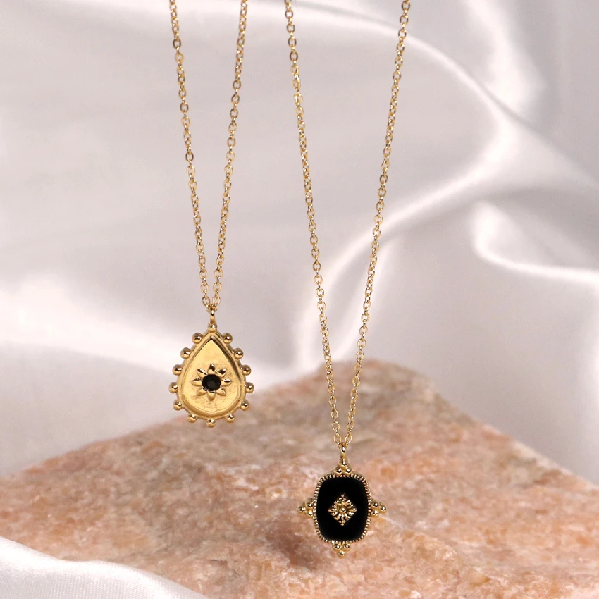 Vintage Dainty Necklace Cute Charm Pendant High Polished Stainless Steel Teardrop Shape Natural Stone Pendant Necklace for Daily