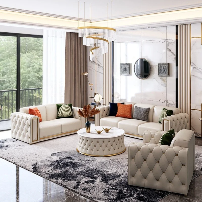 Home Modern Luxury High Grade Living Room Sofa Set Furniture Upholstered Full Leather Button Tufted 1+2+3 Sofas