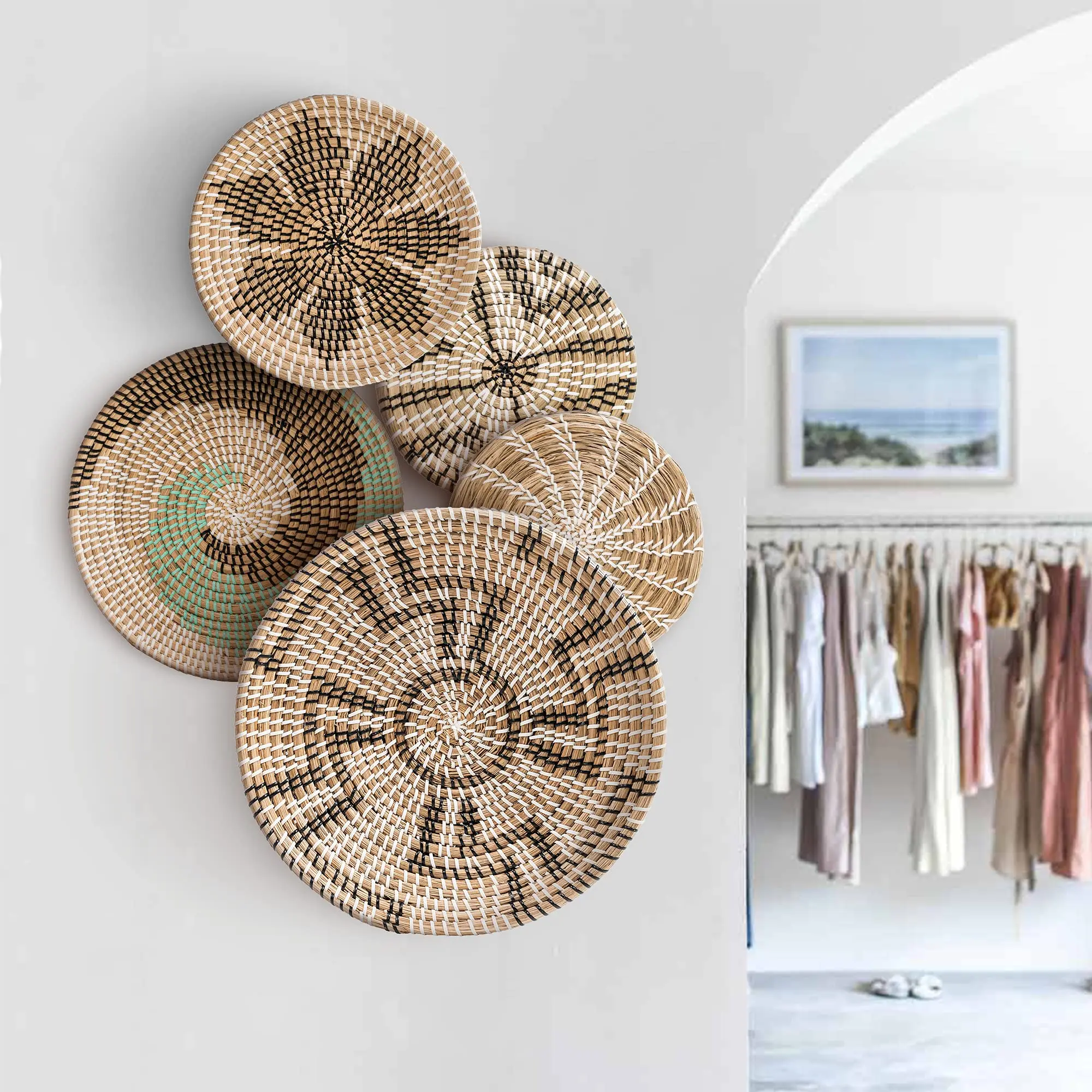 Hot Selling 13inch Boho Handwoven Seagrass Wall Hanging Decoration Baskets Decorative Tray Home Decor Basket Set 3