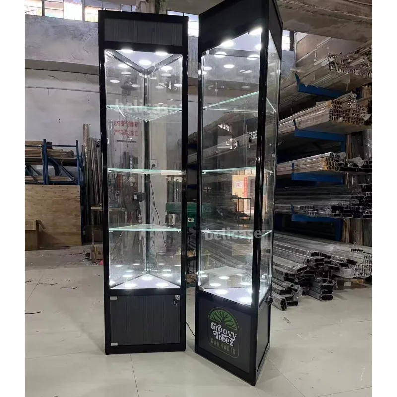 Cheap Boutique Jewelry Watch Shop Furniture Glass Cabinet with Led lights Smoke Shop Aluminum Frame Glass Corner Showcase