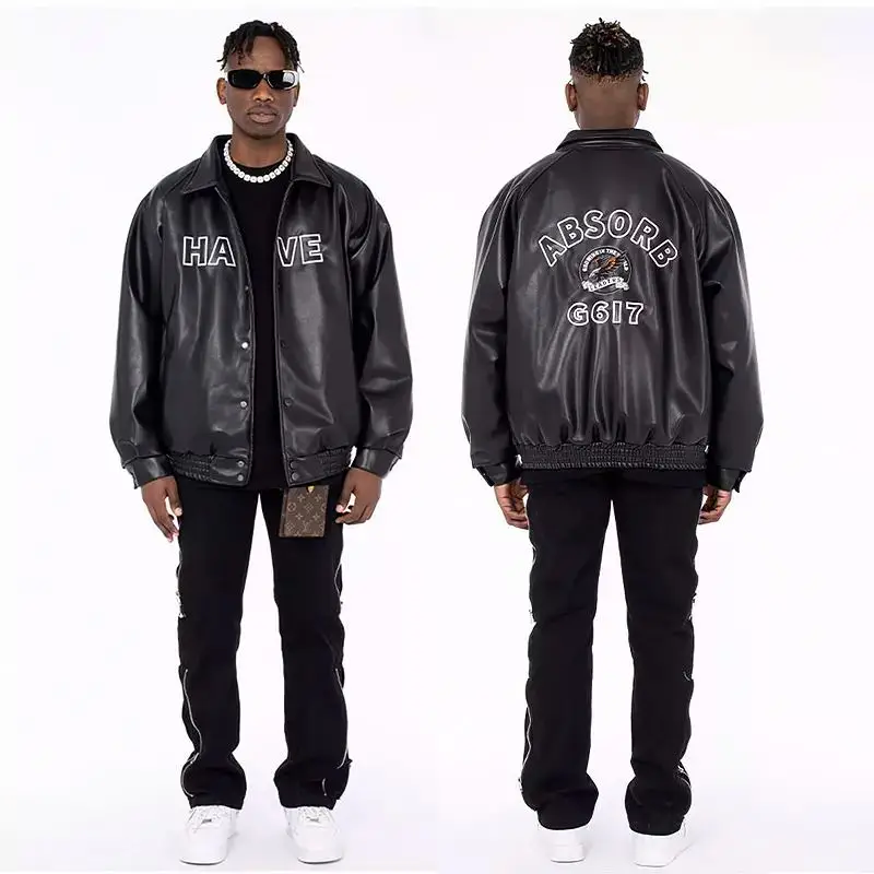 Fashion Style Winter Waterproof Button Pu Faux Leather Jacket Embroidery Logo Leather Motorcycle Biker Men Jacket