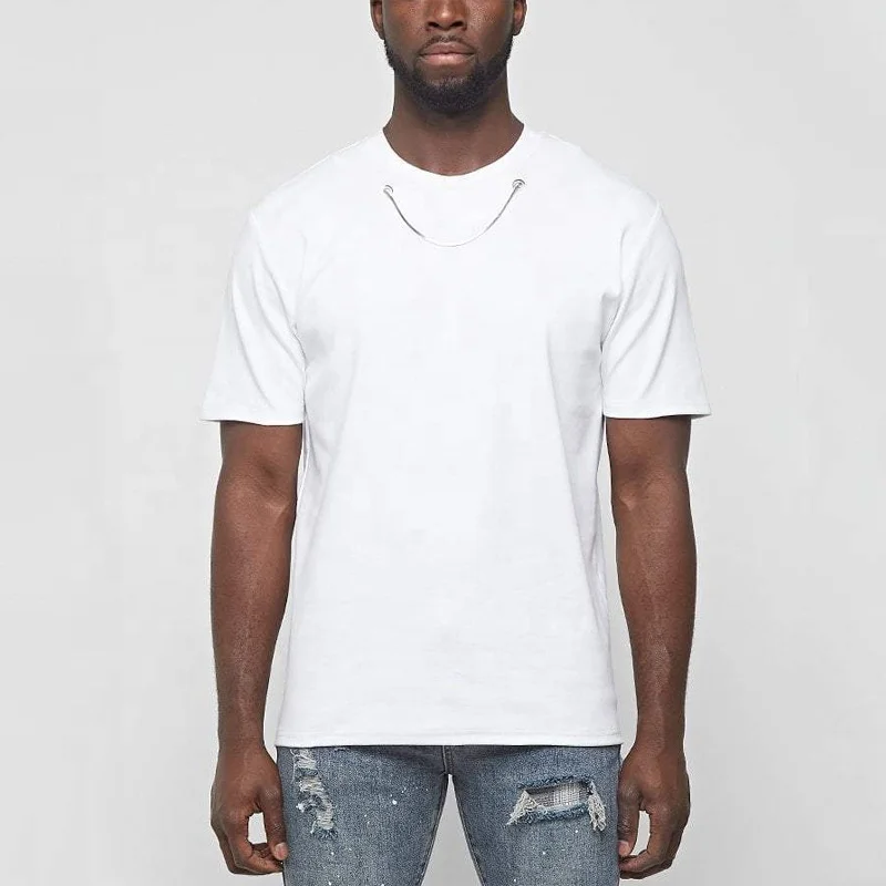 wholesale man summer short sleeve t shirt custom print logo men white cotton chain detail white t shirt