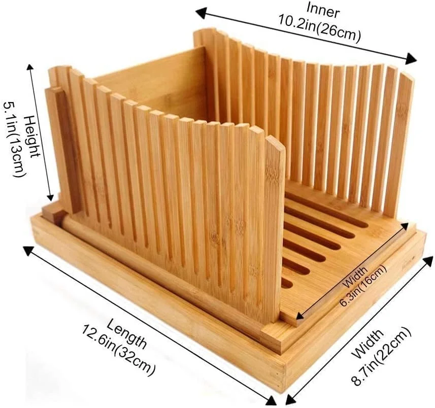 Bamboo Adjustable Foldable Manual Bakery Bread Slicer for Homemade Bread with sturdy bamboo cutting board