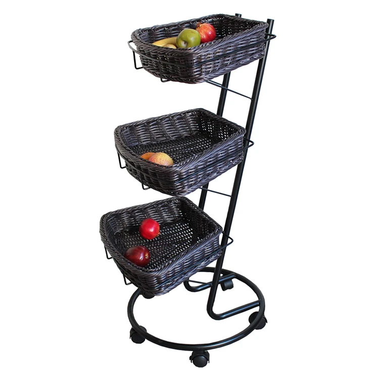 Hot sale  removable  round 3-tier  store meta wire  display rack  fruit display wire display rack bread with rattan baskets