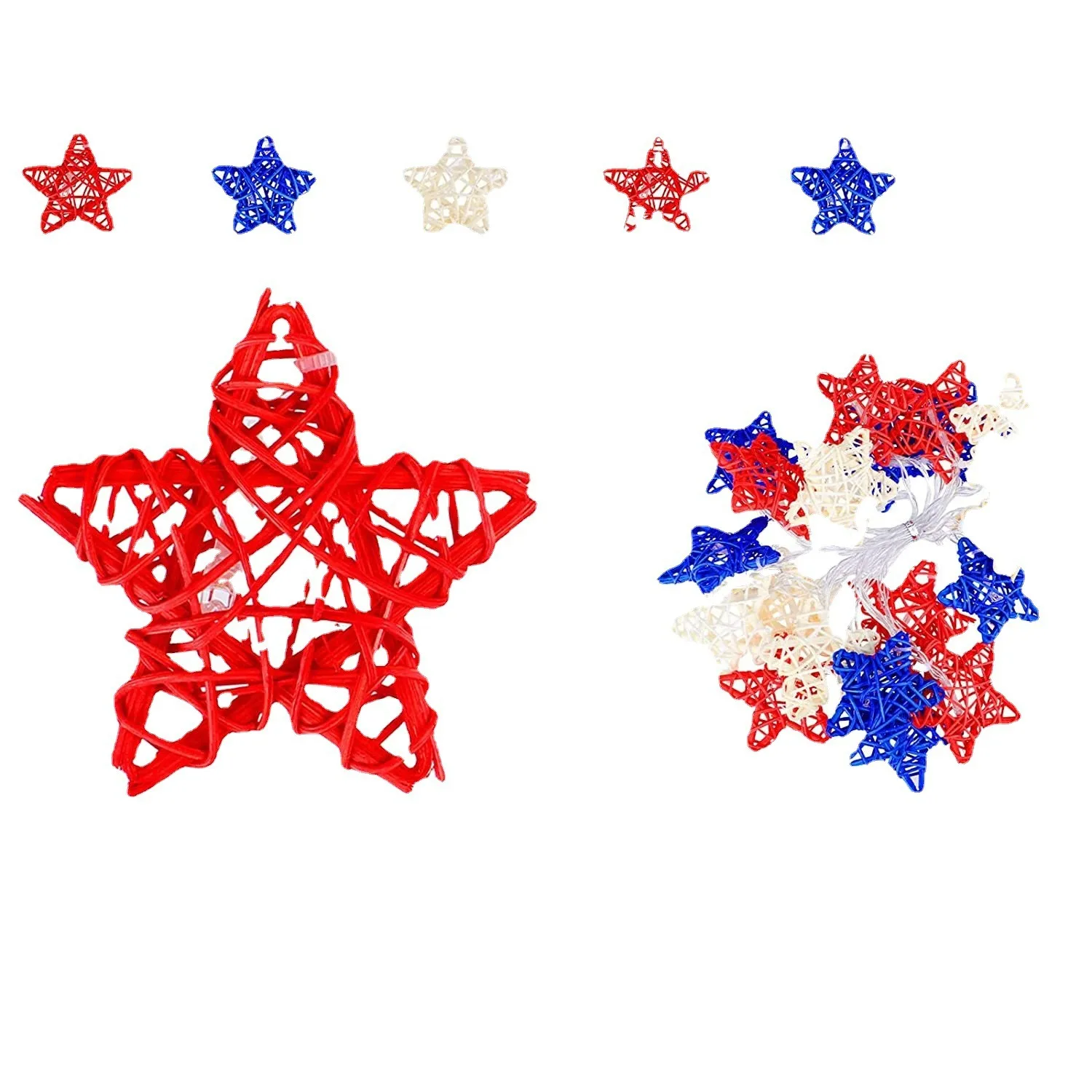 rattan wire Star String Light Independence Day Decoration Waterproof Battery Red White Blue holiday lighting decor